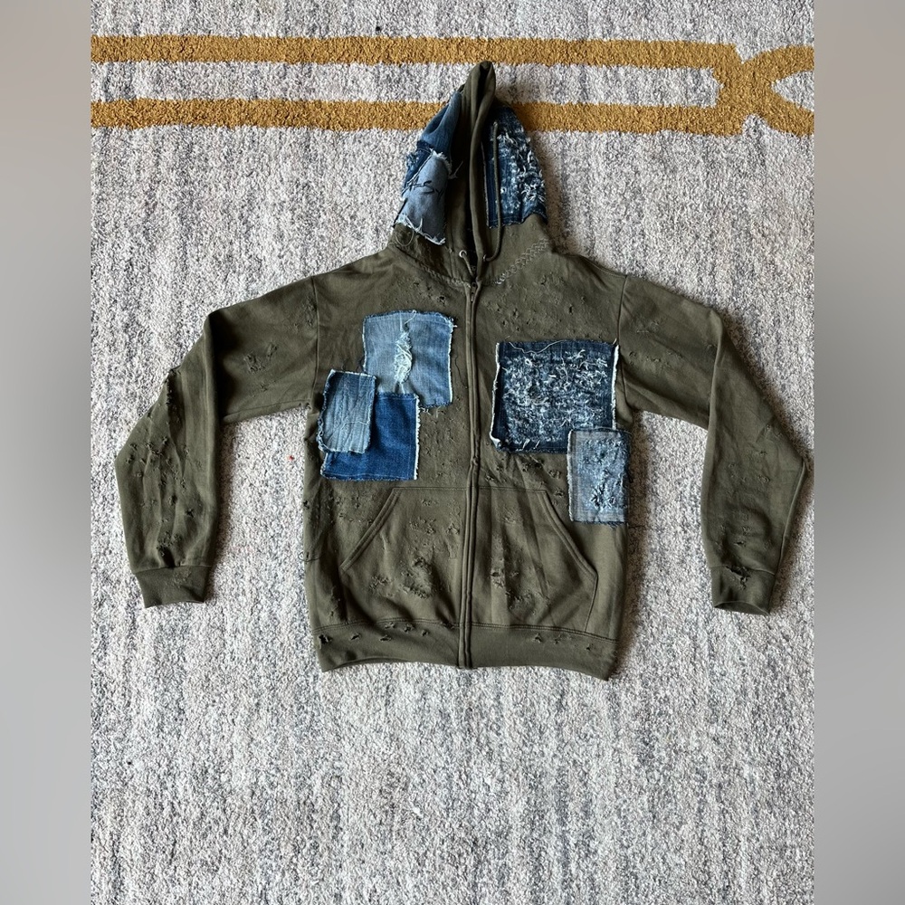 Custom distressed olive denim jacket